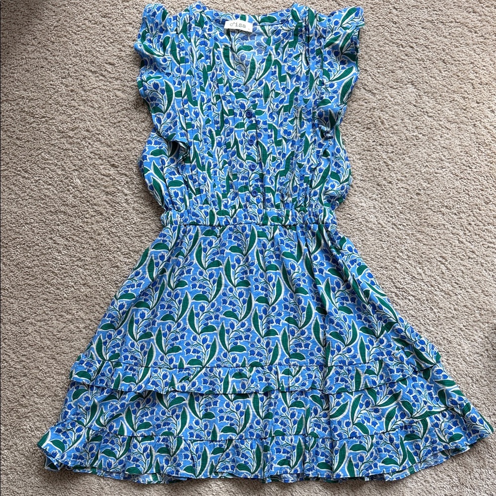 Blue and Green Floral Ruffle Mini Dress by oliviah
